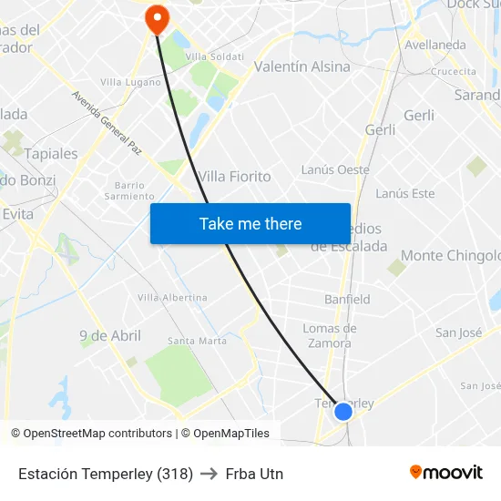 Estación Temperley (318) to Frba Utn map