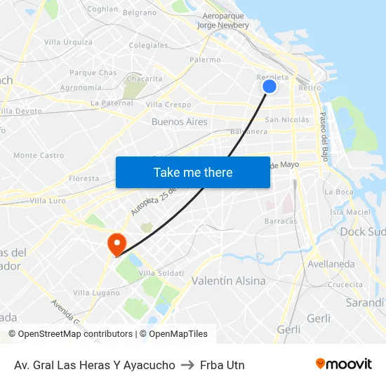 Av. Gral Las Heras Y Ayacucho to Frba Utn map