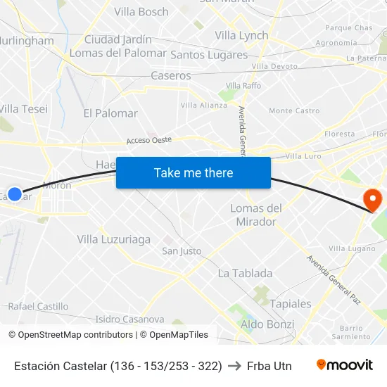 Estación Castelar (136 - 153/253 - 322) to Frba Utn map