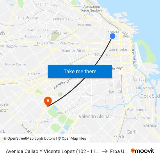 Avenida Callao Y Vicente López (102 - 110) to Frba Utn map