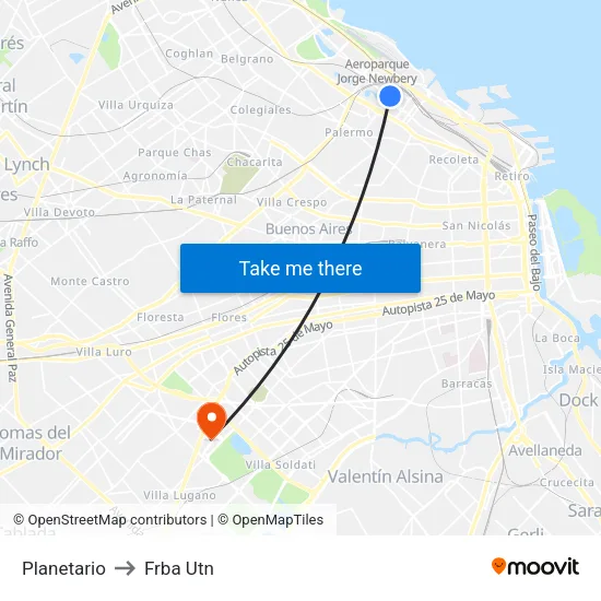 Planetario to Frba Utn map