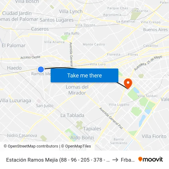 Estación Ramos Mejía (88 - 96 - 205 - 378 - 382 - 620 - 621) to Frba Utn map
