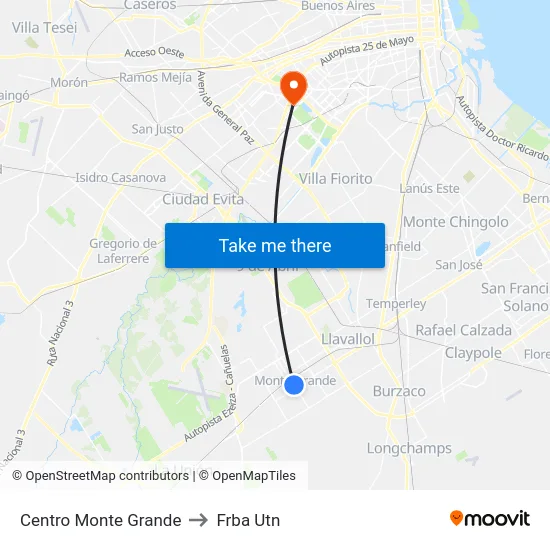 Centro Monte Grande to Frba Utn map