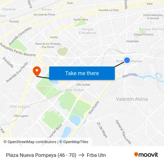 Plaza Nueva Pompeya (46 - 70) to Frba Utn map