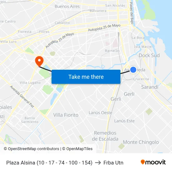 Plaza Alsina (10 - 17 - 74 - 100 - 154) to Frba Utn map