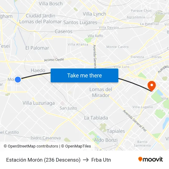 Estación Morón (236 Descenso) to Frba Utn map