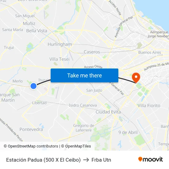 Estación Padua (500 X El Ceibo) to Frba Utn map