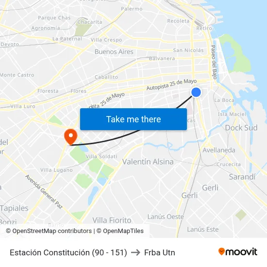 Estación Constitución (90 - 151) to Frba Utn map