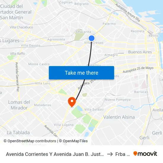 Avenida Corrientes Y Avenida Juan B. Justo (65 - 127) to Frba Utn map
