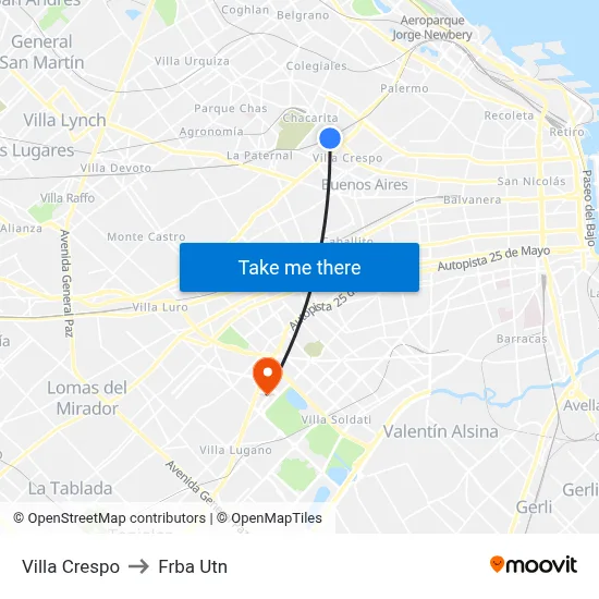 Villa Crespo to Frba Utn map