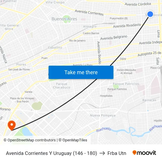 Avenida Corrientes Y Uruguay (146 - 180) to Frba Utn map