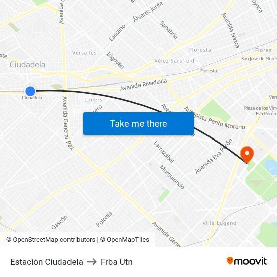 Estación Ciudadela to Frba Utn map