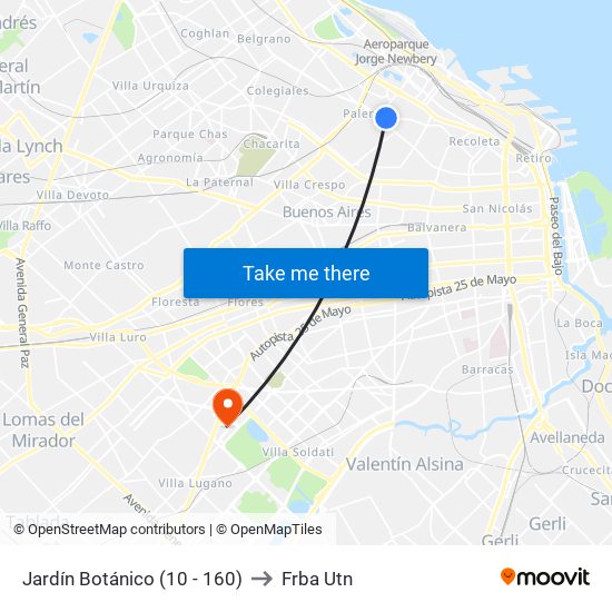 Jardín Botánico (10 - 160) to Frba Utn map