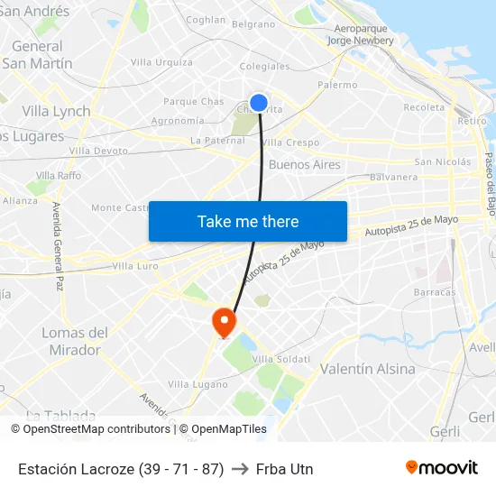 Estación Lacroze (39 - 71 - 87) to Frba Utn map