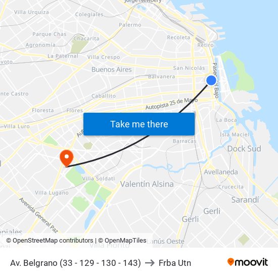 Av. Belgrano (33 - 129 - 130 - 143) to Frba Utn map