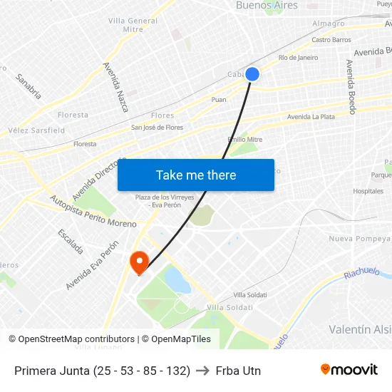Primera Junta (25 - 53 - 85 - 132) to Frba Utn map