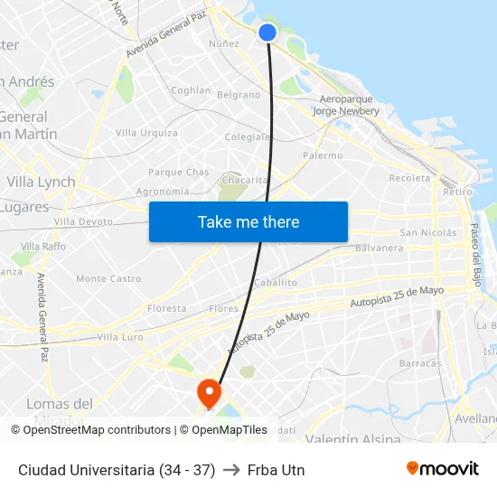 Ciudad Universitaria (34 - 37) to Frba Utn map