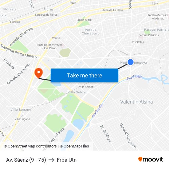 Av. Sáenz (9 - 75) to Frba Utn map