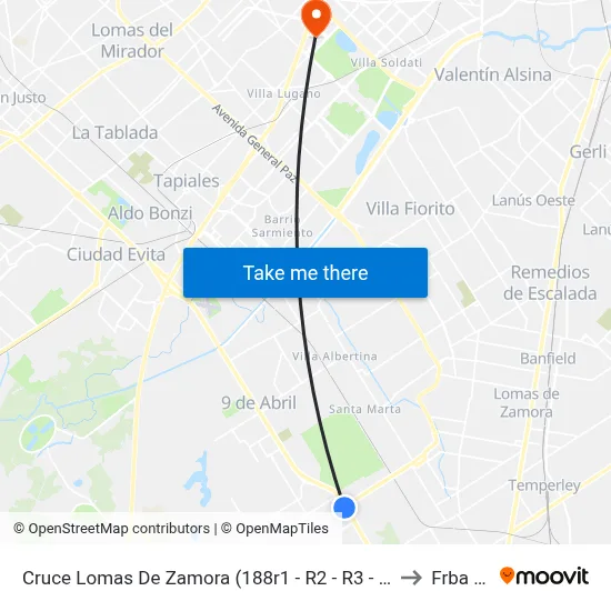 Cruce Lomas De Zamora (188r1 - R2 - R3 - 421 - 501) to Frba Utn map