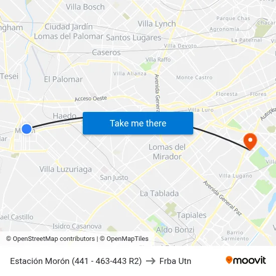 Estación Morón (441 - 463-443 R2) to Frba Utn map