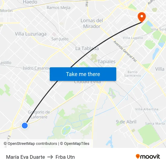 María Eva Duarte to Frba Utn map
