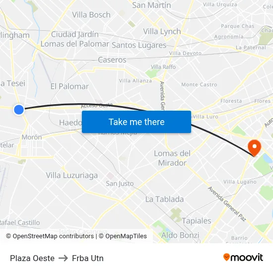 Plaza Oeste to Frba Utn map