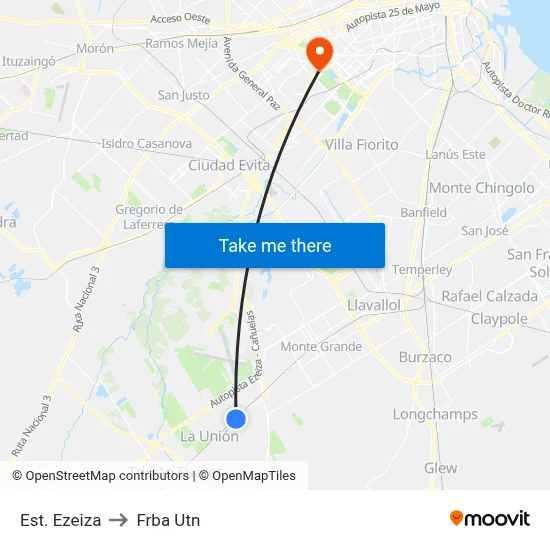 Est. Ezeiza to Frba Utn map