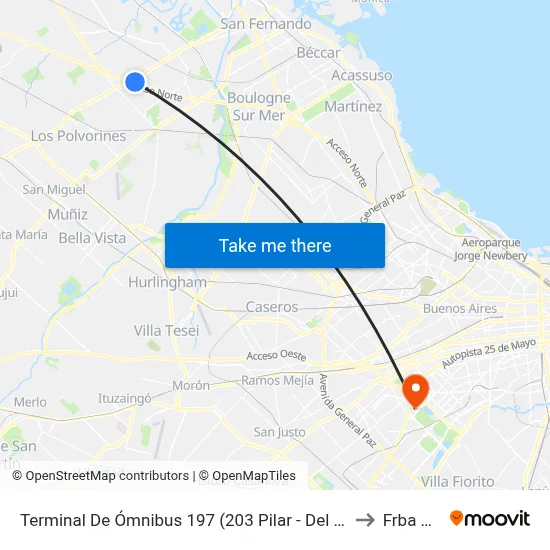 Terminal De Ómnibus 197 (203 Pilar - Del Viso) to Frba Utn map