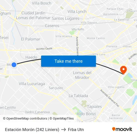 Estación Morón (242 Liniers) to Frba Utn map