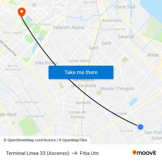 Terminal Línea 33 (Ascenso) to Frba Utn map