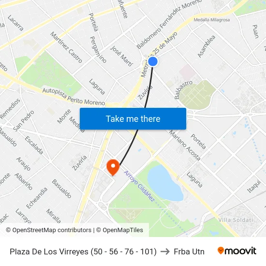 Plaza De Los Virreyes (50 - 56 - 76 - 101) to Frba Utn map