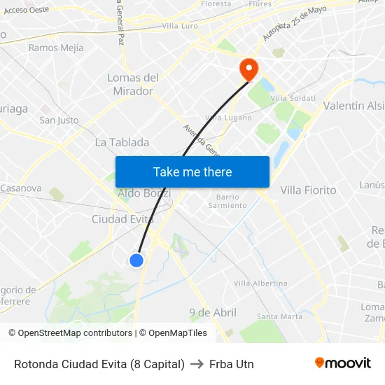 Rotonda Ciudad Evita (8 Capital) to Frba Utn map