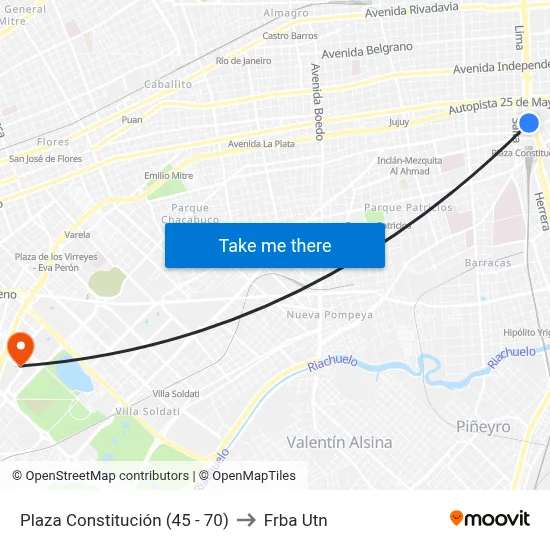 Plaza Constitución (45 - 70) to Frba Utn map