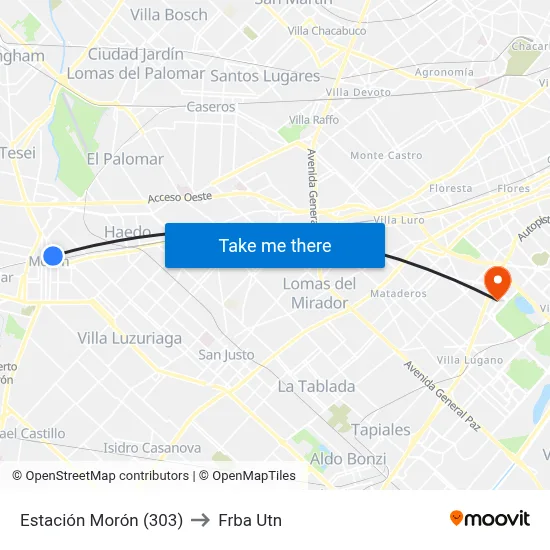 Estación Morón (303) to Frba Utn map