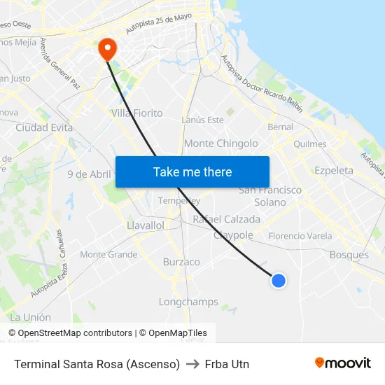 Terminal Santa Rosa (Ascenso) to Frba Utn map