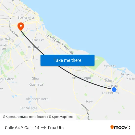Calle 64 Y Calle 14 to Frba Utn map
