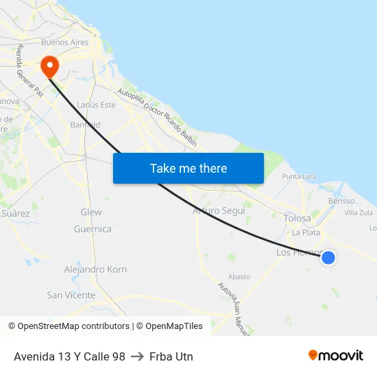Avenida 13 Y Calle 98 to Frba Utn map