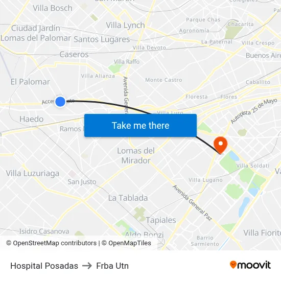 Hospital Posadas to Frba Utn map