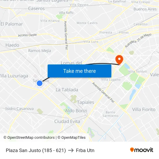 Plaza San Justo (185 - 621) to Frba Utn map