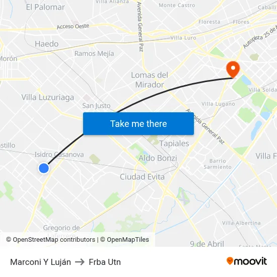 Marconi Y Luján to Frba Utn map