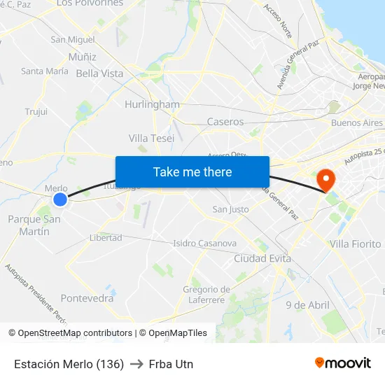 Estación Merlo (136) to Frba Utn map