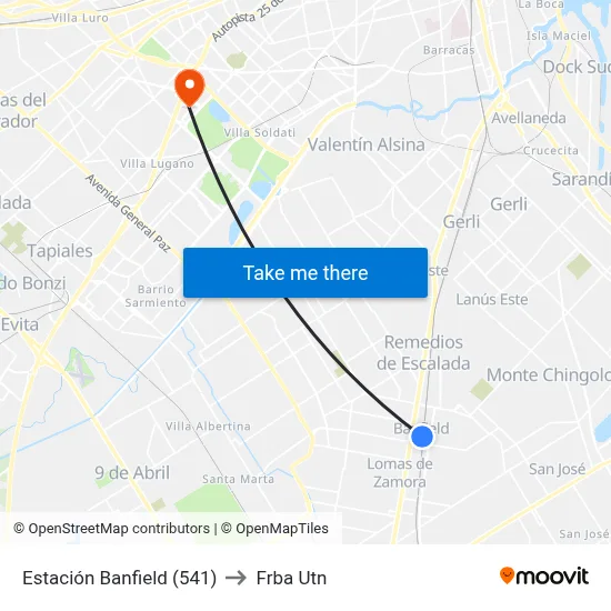 Estación Banfield (541) to Frba Utn map