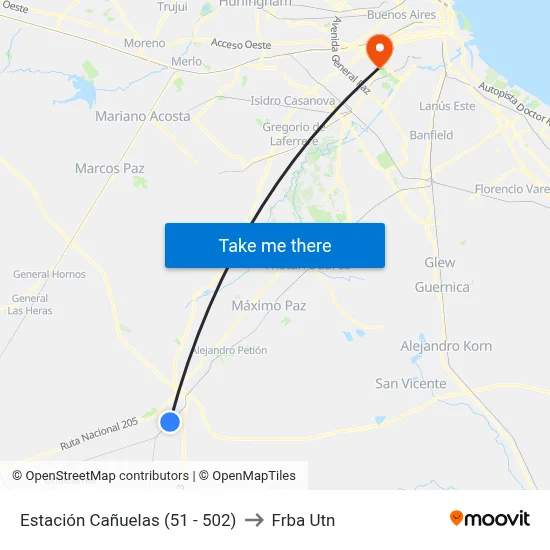 Estación Cañuelas (51 - 502) to Frba Utn map