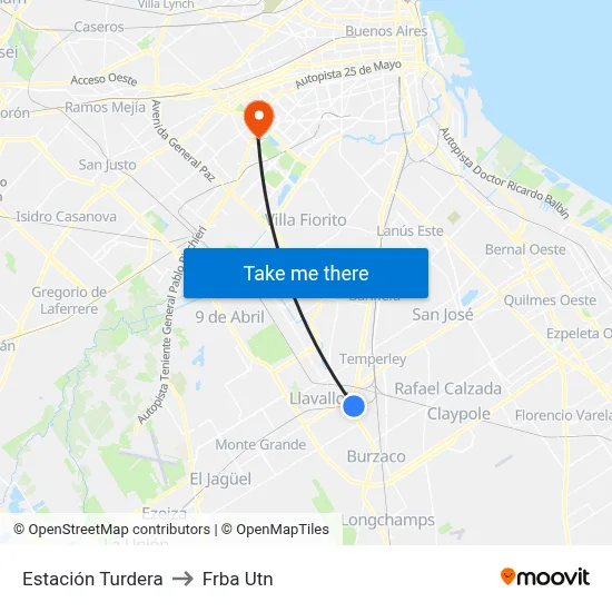Estación Turdera to Frba Utn map