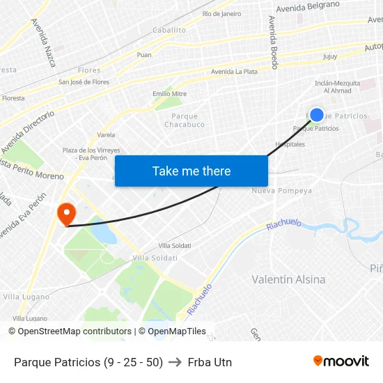 Parque Patricios (9 - 25 - 50) to Frba Utn map