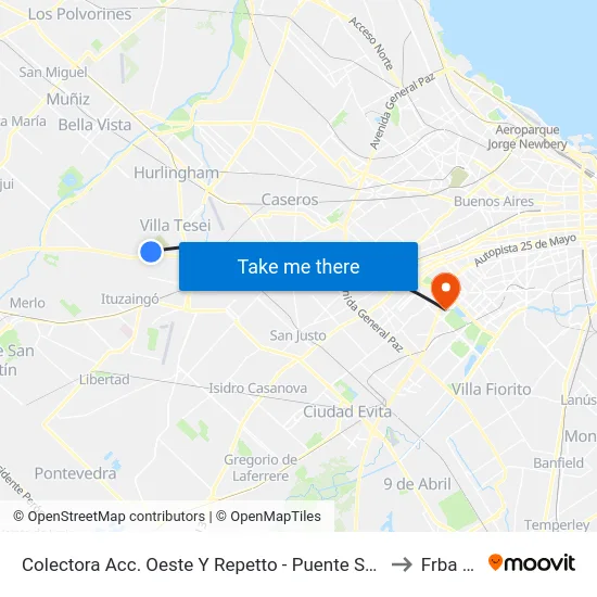 Colectora Acc. Oeste Y Repetto - Puente Santa Rosa to Frba Utn map
