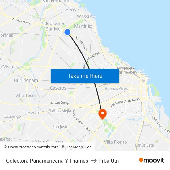 Colectora Panamericana Y Thames to Frba Utn map