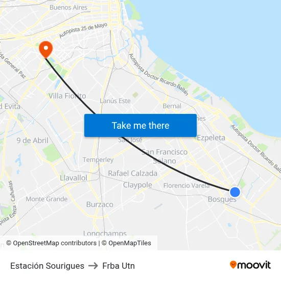 Estación Sourigues to Frba Utn map