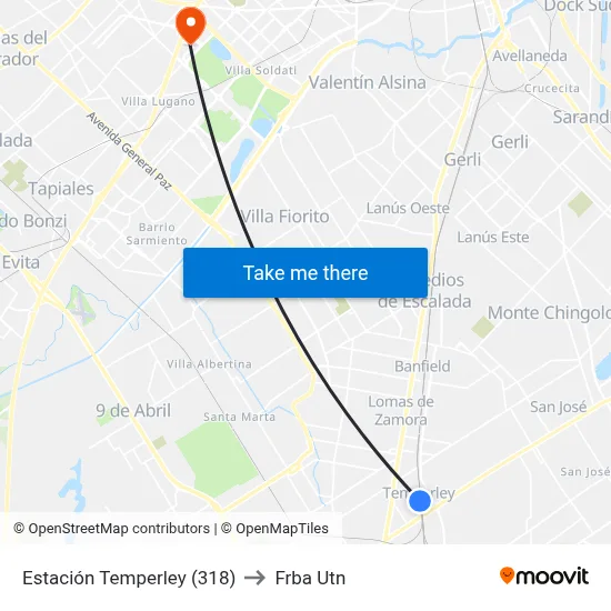Estación Temperley (318) to Frba Utn map