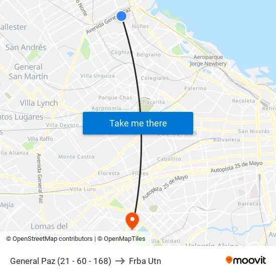 General Paz (21 - 60 - 168) to Frba Utn map